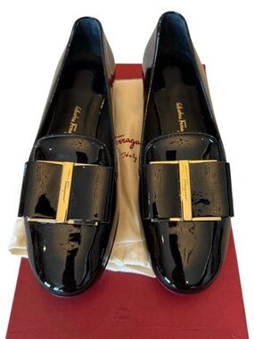 Salvatore Ferragamo Sarno Black Patent Leather Bow Loafers 
Old Money Capsule